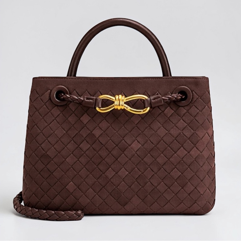 TU-LX Brown Woven “Verona” Satchel Vegan Suede Knot Top Handle Crossbody / NWT